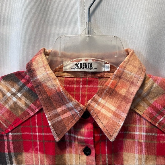 Upcycled Bleached Distressed Red Plaid Button Down Shirt Sz L - Picture 2 of 5